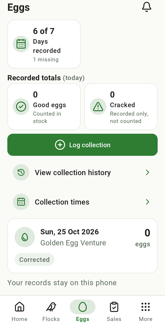 Hello Chicks Eggs screen: days recorded this week, today's good and cracked eggs, and a Log collection button.
